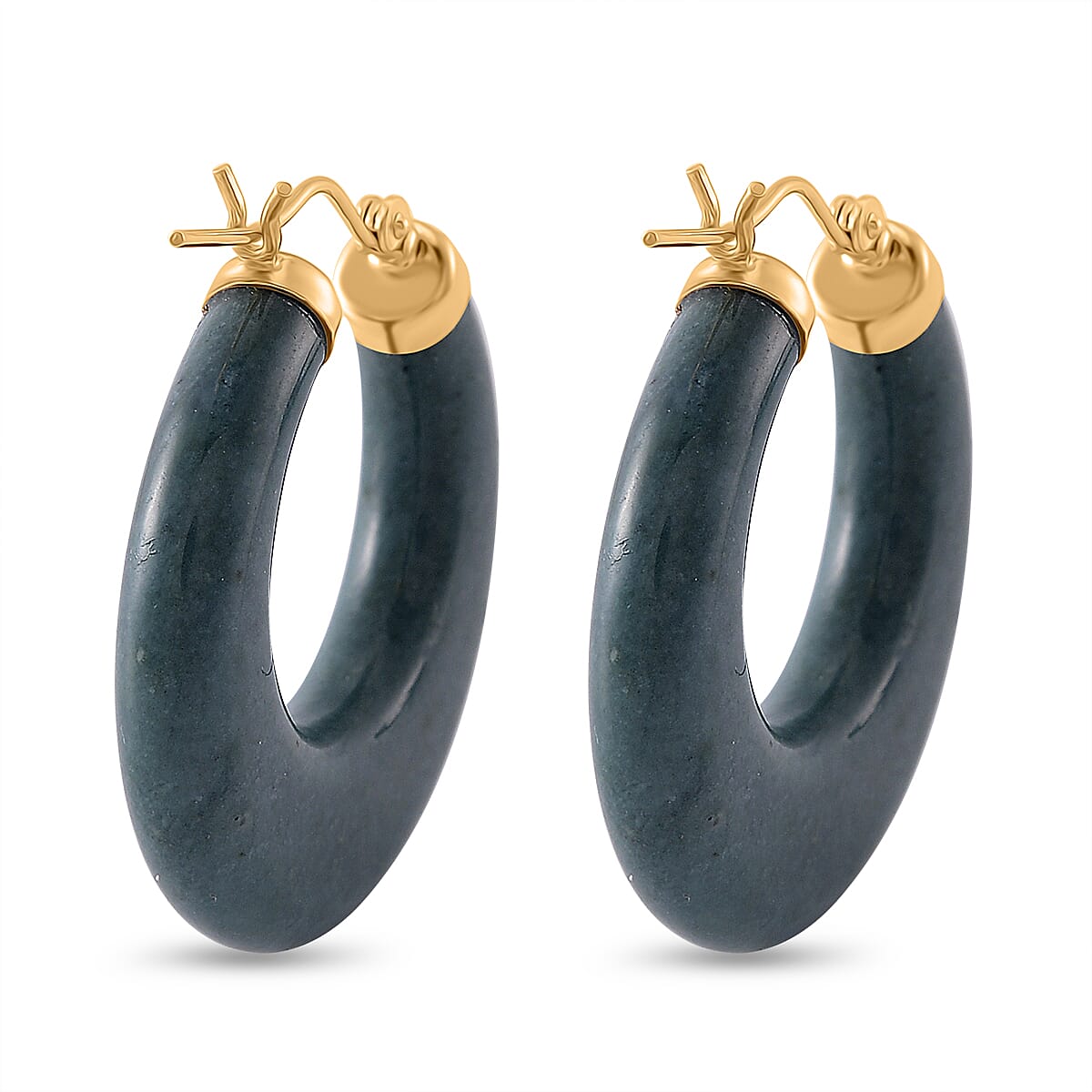 Natural Type A Jadeite Hoop Earrings with Clasp in Yellow Gold Plated Sterling Silver 62.00 Ct. Natural Type A Jadeite Hoop Earrings with Clasp in Yellow Gold Plated Sterling Silver 62.00 Ct.