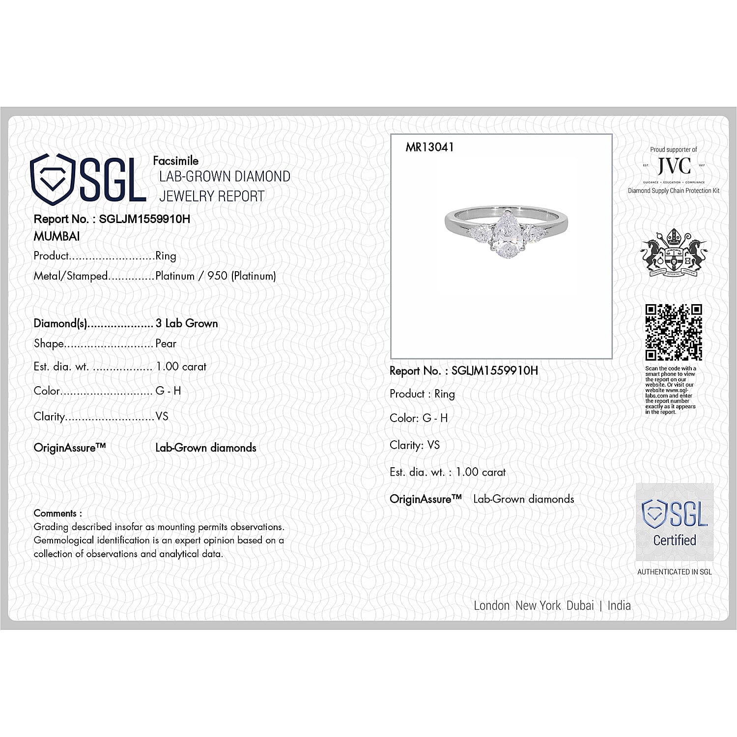 Luxuriant Diamond 950 Platinum SGL Certified (VS-G-H) Lab Grown Diamond Ring 1.00 Ct, Platinum Wt. 4.75 Gms.