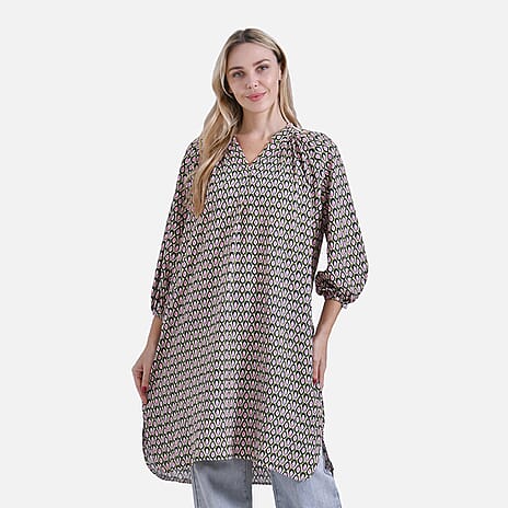 La Marey Geometric Print Three-Quarter Sleeve V-Neck Casual Midi Dress (Size XL) - Green