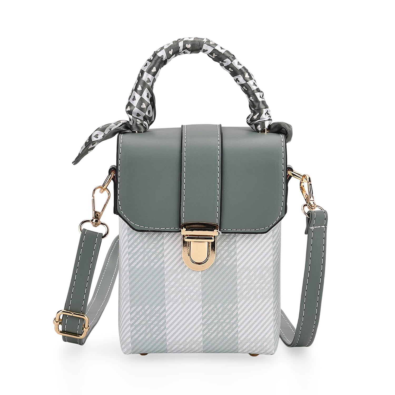 Trendy Striped Messenger Bag with Scarf Accent & Adjustable Strap - Olive