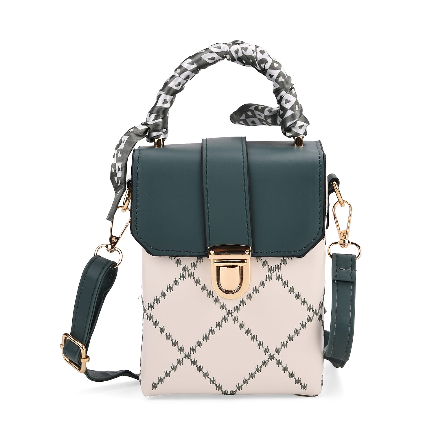 Trendy Diamond Pattern Two-Tone Messenger Bag with Scarf Accent & Adjustable Strap - White & Teal