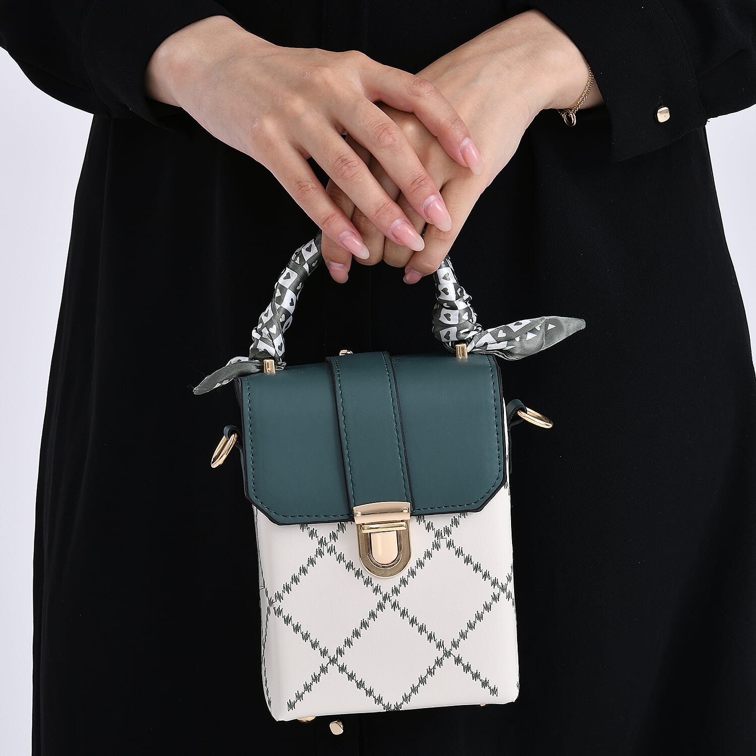 Trendy Diamond Pattern Two-Tone Messenger Bag with Scarf Accent & Adjustable Strap - White & Teal