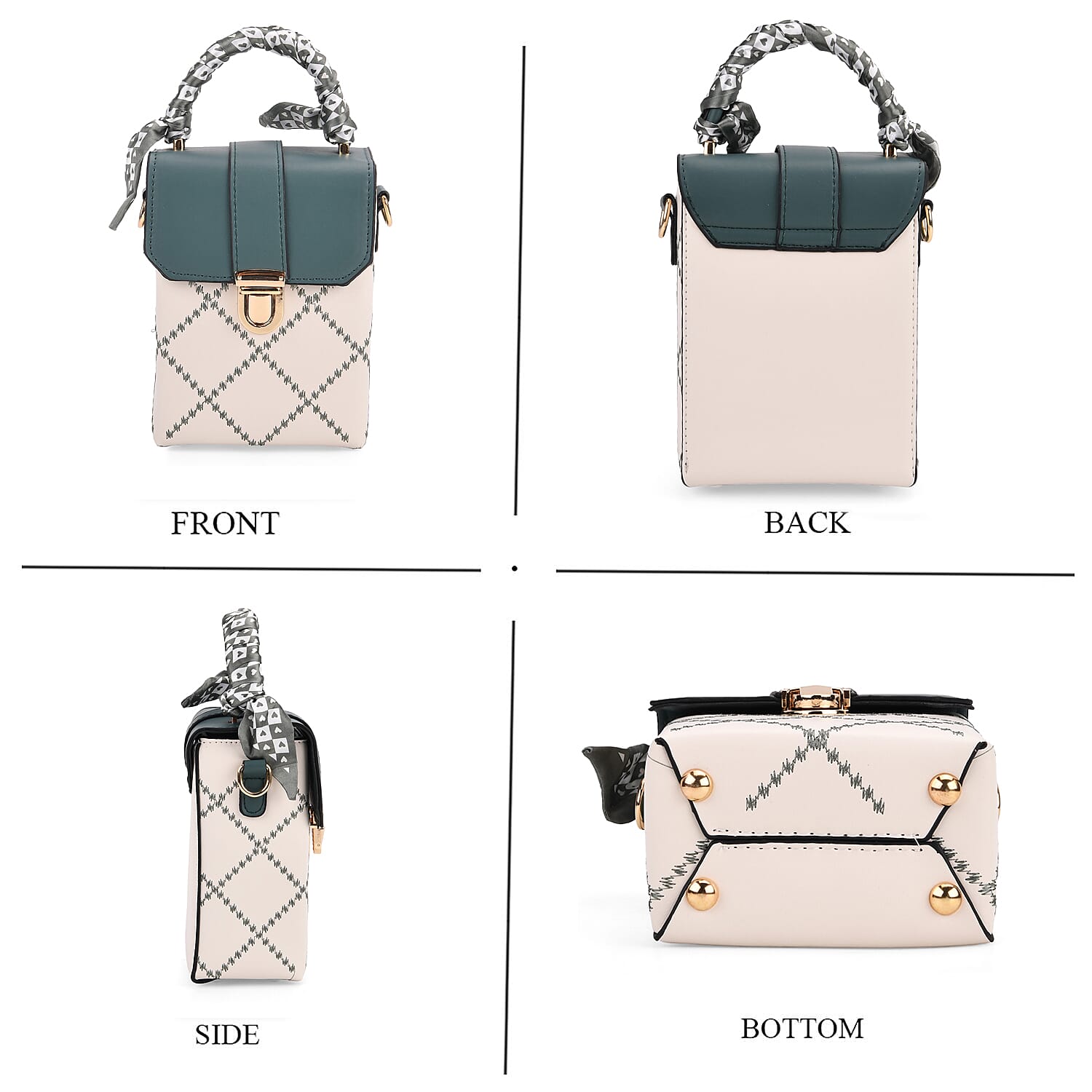 Trendy Diamond Pattern Two-Tone Messenger Bag with Scarf Accent & Adjustable Strap - White & Teal