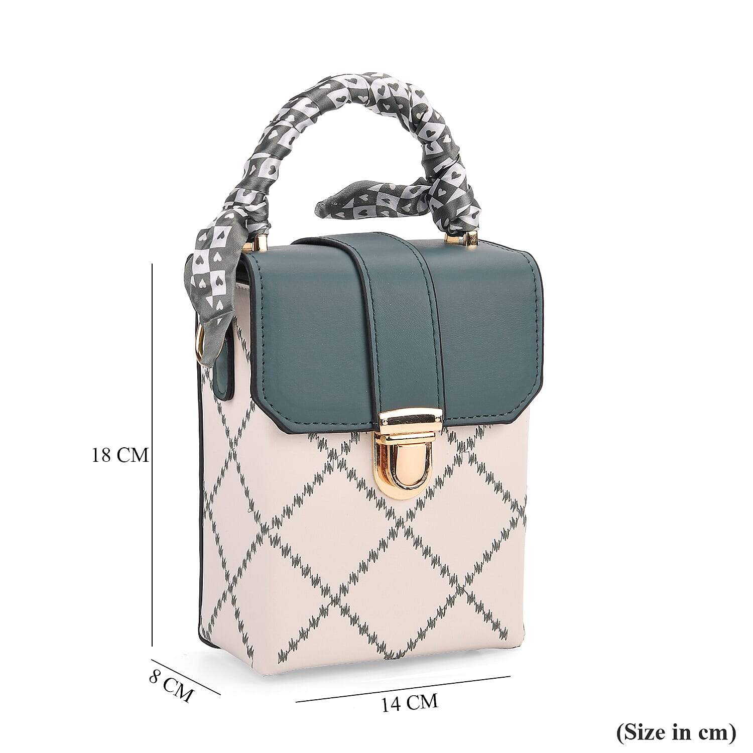 Trendy Diamond Pattern Two-Tone Messenger Bag with Scarf Accent & Adjustable Strap - White & Teal