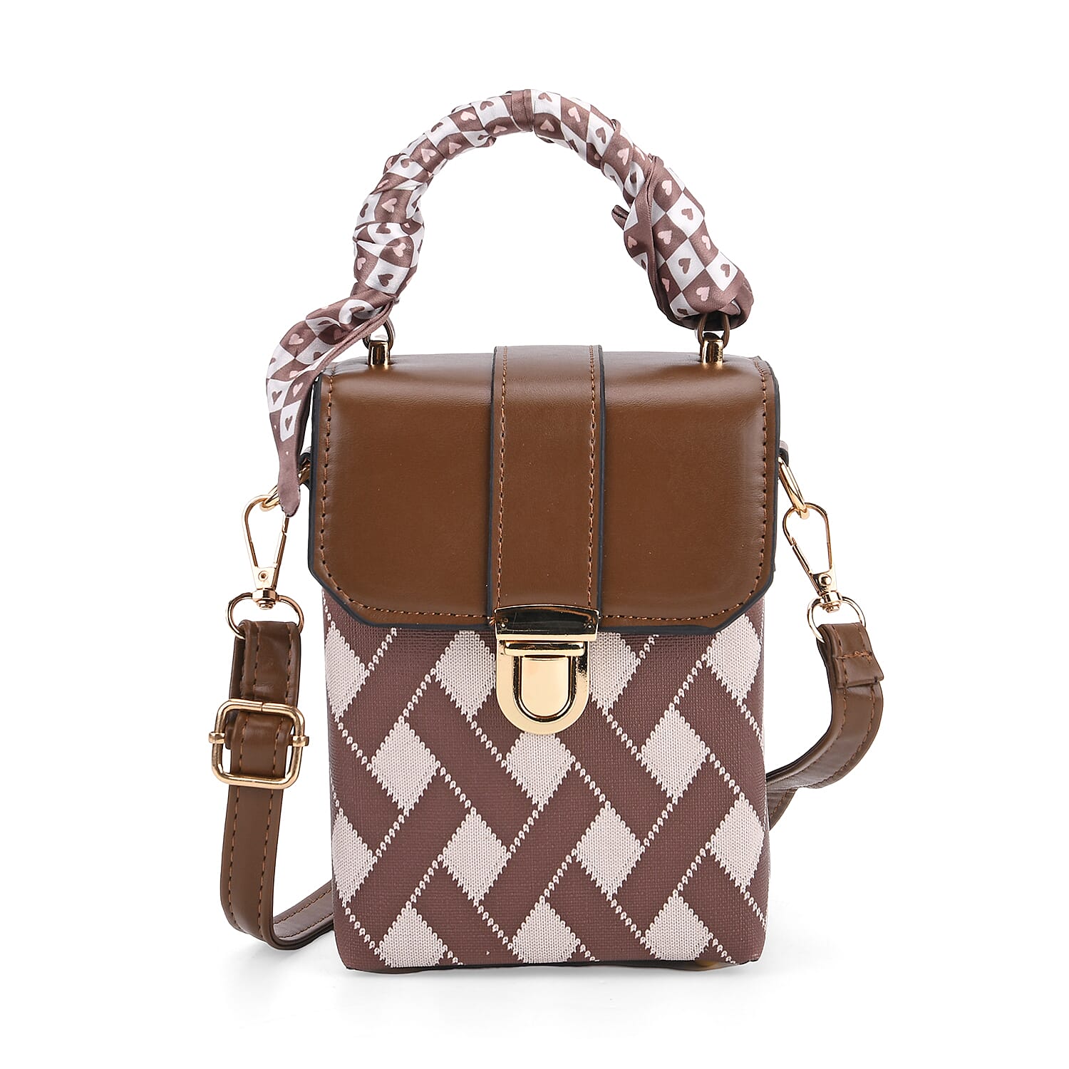Trendy Rhombus Pattern Messenger Bag with Scarf Accent & Adjustable Strap - Brown