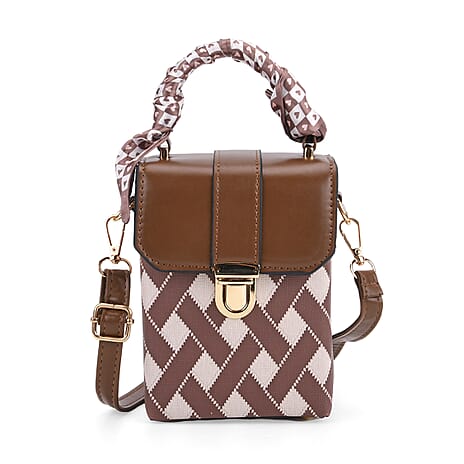 Trendy Rhombus Pattern Messenger Bag with Scarf Accent & Adjustable Strap - Brown