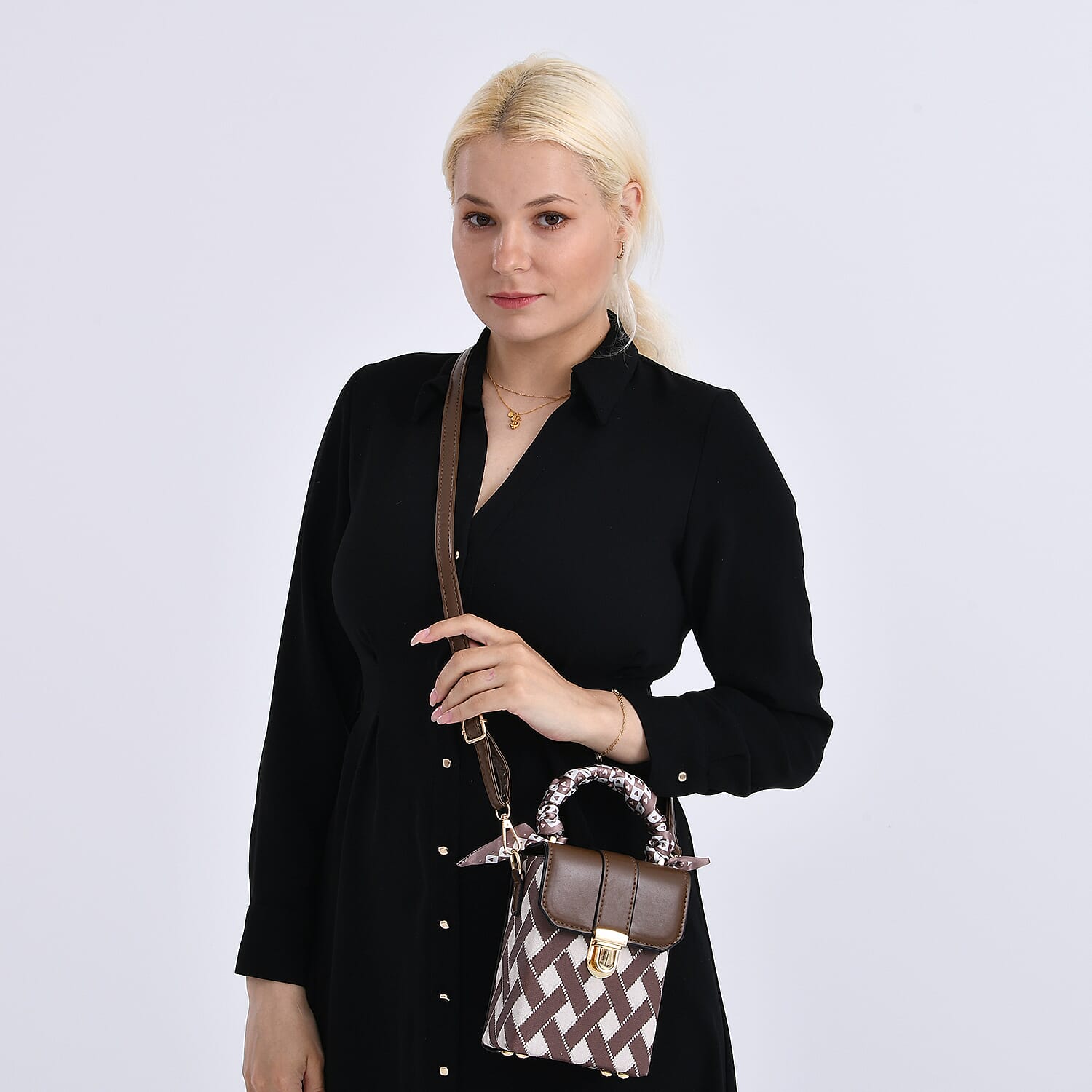 Trendy Rhombus Pattern Messenger Bag with Scarf Accent & Adjustable Strap - Brown