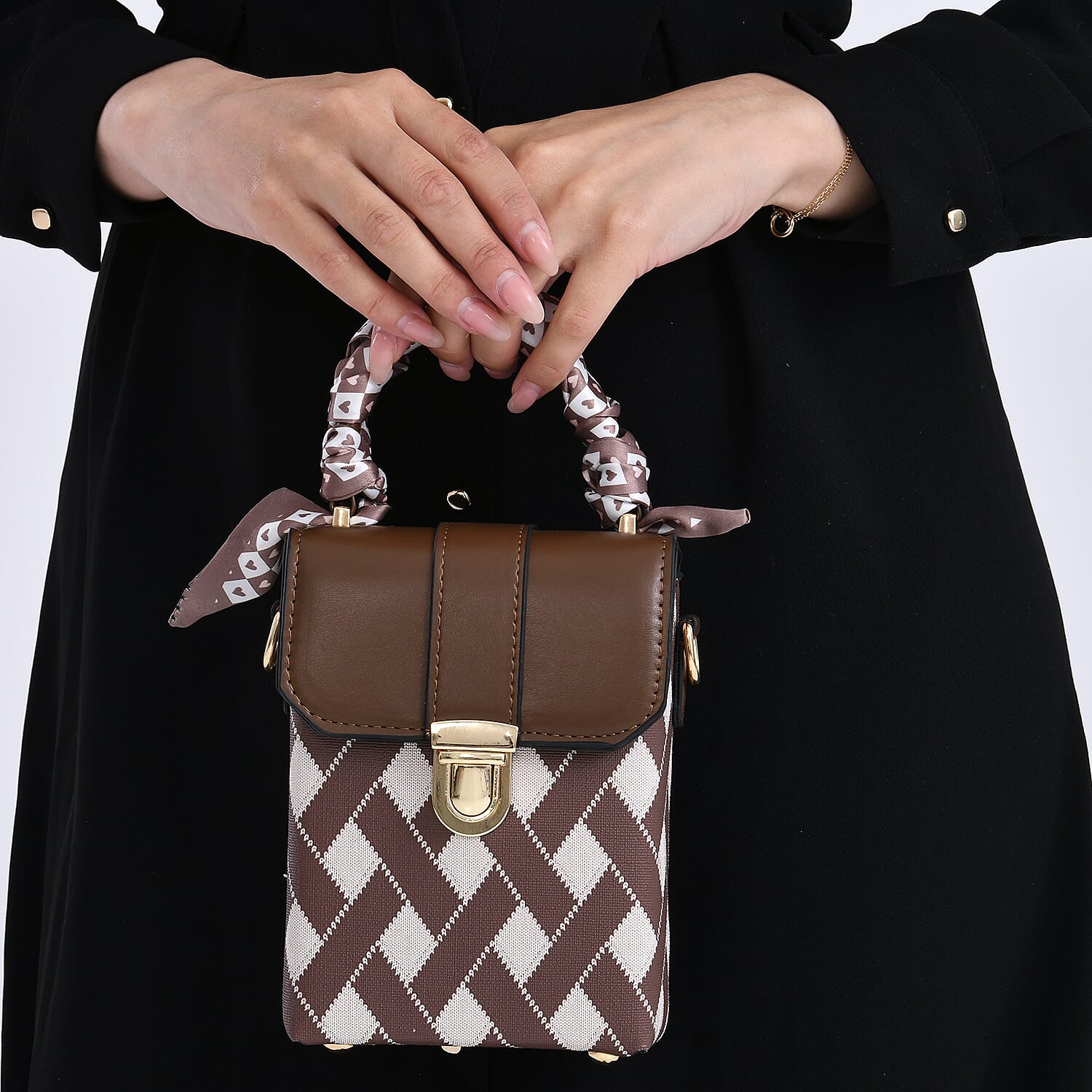 Trendy Rhombus Pattern Messenger Bag with Scarf Accent & Adjustable Strap - Brown