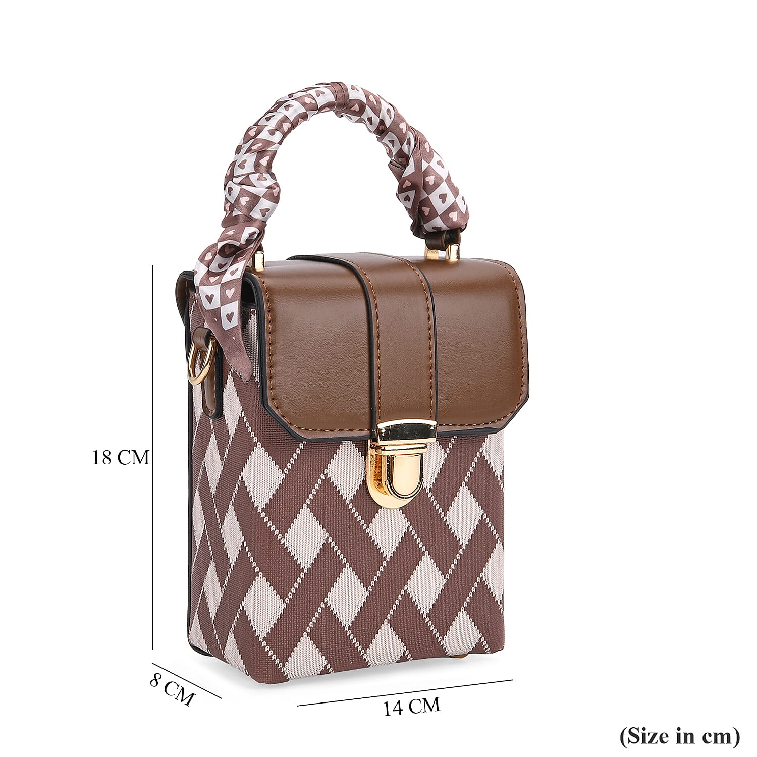 Trendy Rhombus Pattern Messenger Bag with Scarf Accent & Adjustable Strap - Brown