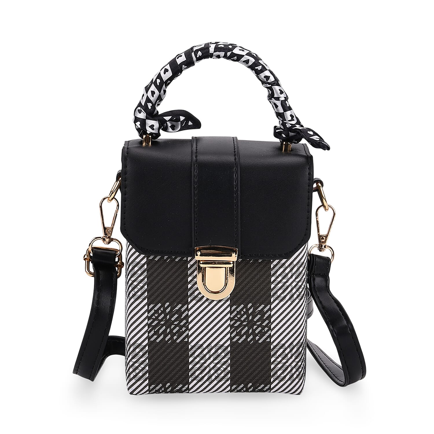 Trendy Plaid Pattern Messenger Bag with Scarf Accent & Adjustable Strap - Black