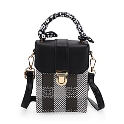 Trendy Plaid Pattern Messenger Bag with Scarf Accent & Adjustable Strap - Black