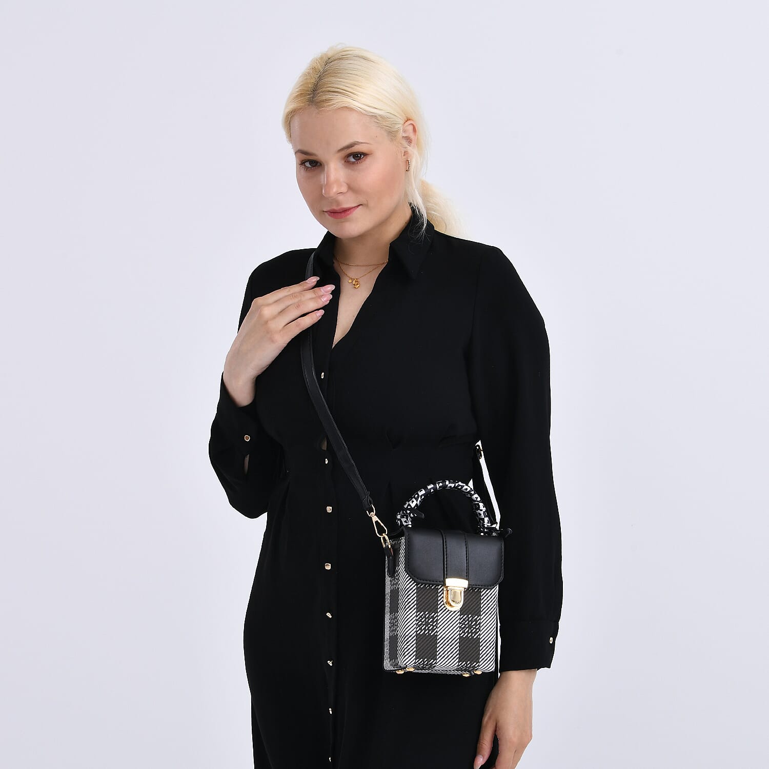 Trendy Plaid Pattern Messenger Bag with Scarf Accent & Adjustable Strap - Black