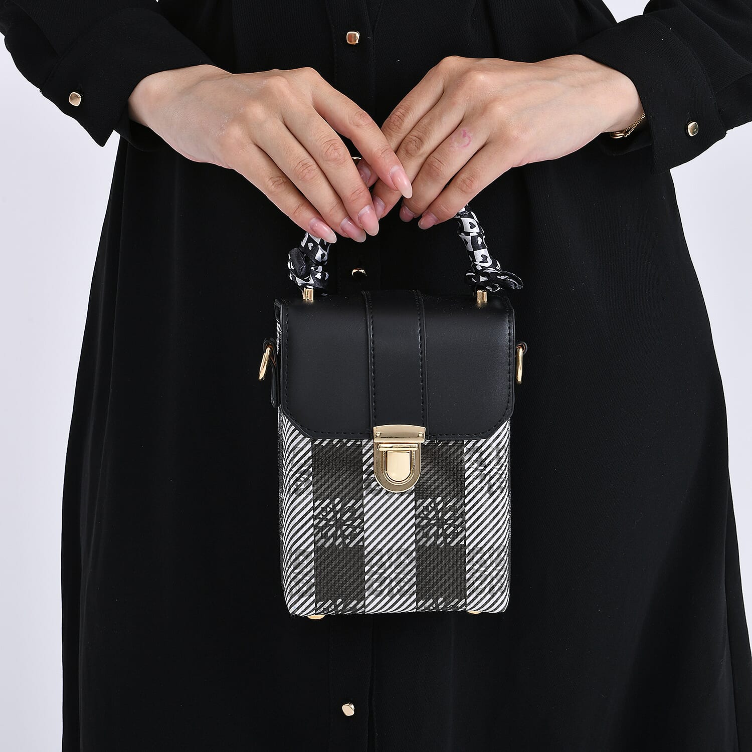 Trendy Plaid Pattern Messenger Bag with Scarf Accent & Adjustable Strap - Black