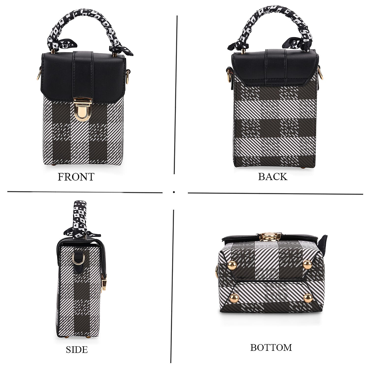 Trendy Plaid Pattern Messenger Bag with Scarf Accent & Adjustable Strap - Black