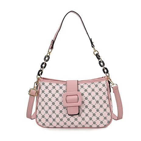 Diamond Pattern Crossbody Bag with Chain Detail Strap - Pink