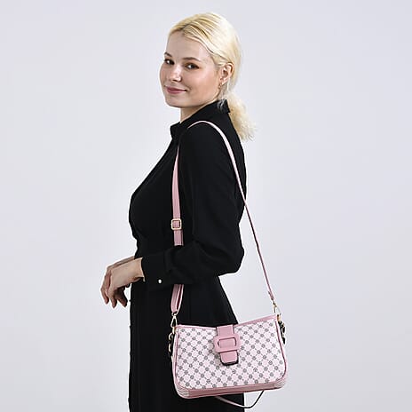 Diamond Pattern Crossbody Bag with Chain Detail Strap - Pink