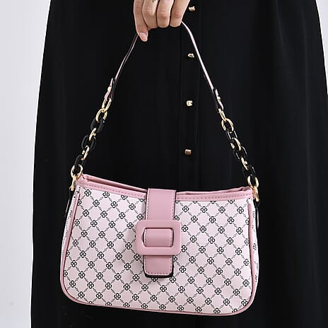 Diamond Pattern Crossbody Bag with Chain Detail Strap - Pink
