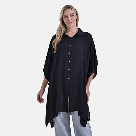 La Marey Versatile Rayon Oversized 3-4 Sleeves Longline Shirt (One Size) - Black