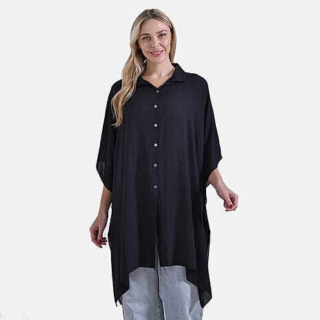 La Marey Versatile Rayon Oversized 3-4 Sleeves Longline Shirt (One Size) - Black
