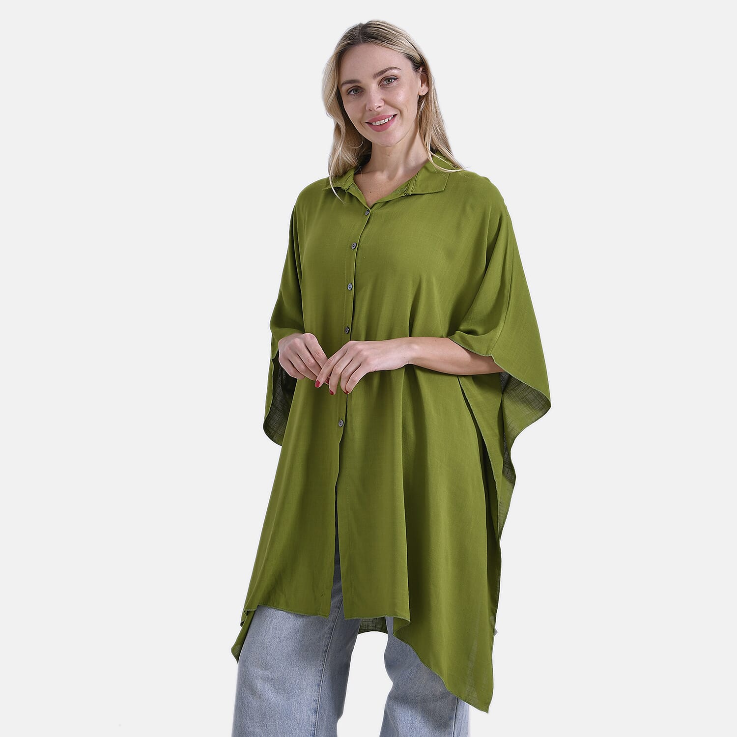 La Marey Versatile Rayon Oversized 3-4 Sleeves Longline Shirt (One Size) - Green