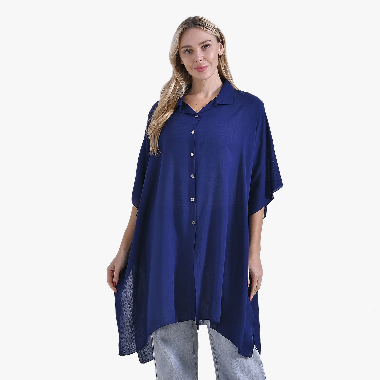La Marey Versatile Rayon Oversized 3-4 Sleeves Longline Shirt (One Size) - Blue