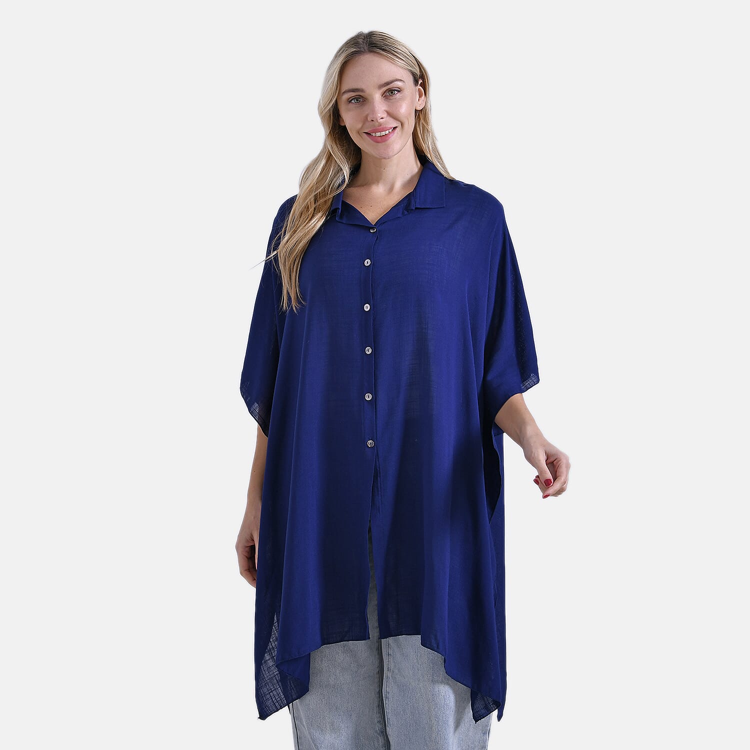 La Marey Versatile Rayon Oversized 3-4 Sleeves Longline Shirt (One Size) - Blue