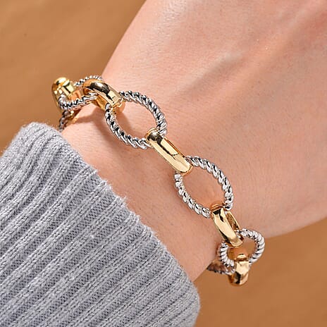 Designer Inspired  - Two Tone Oval Link Bracelet (Size - 7.5) with Senorita Clasp in Yellow Gold & Silver Tone