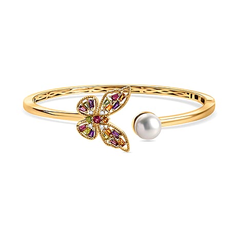 GP Amore Collection Rhodolite Garnet & Multi Gemstones Cuff Bangle (Size 7.5) in 18K Vermeil Yellow Gold Plated Sterling Silver 6.60 Ct, Silver Wt. 18.00 Gms.