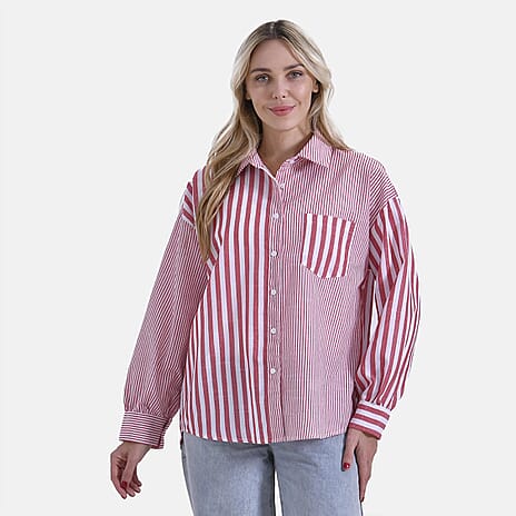 La Marey Relaxed Fit Long Sleeve Striped Shirt (Size M) - Red
