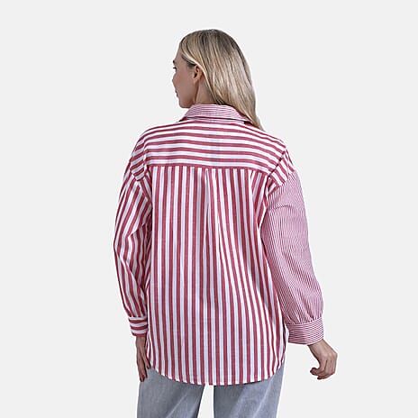 - Maisi Relaxed Fit Striped Long Sleeve Button Down Shirt (Size M) - Red