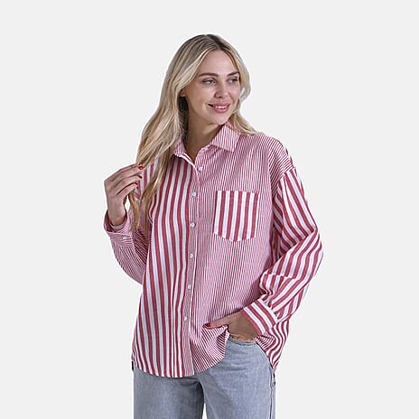 - Maisi Relaxed Fit Striped Long Sleeve Button Down Shirt (Size M) - Red