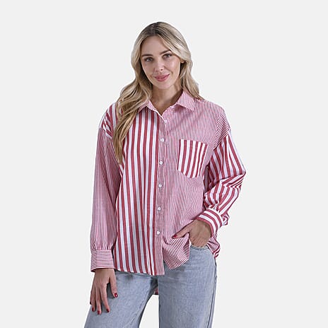 - Maisi Relaxed Fit Striped Long Sleeve Button Down Shirt (Size M) - Red