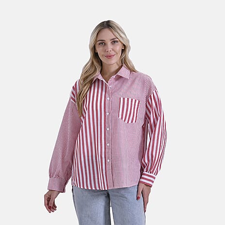 - Maisi Relaxed Fit Striped Long Sleeve Button Down Shirt (Size L) - Red