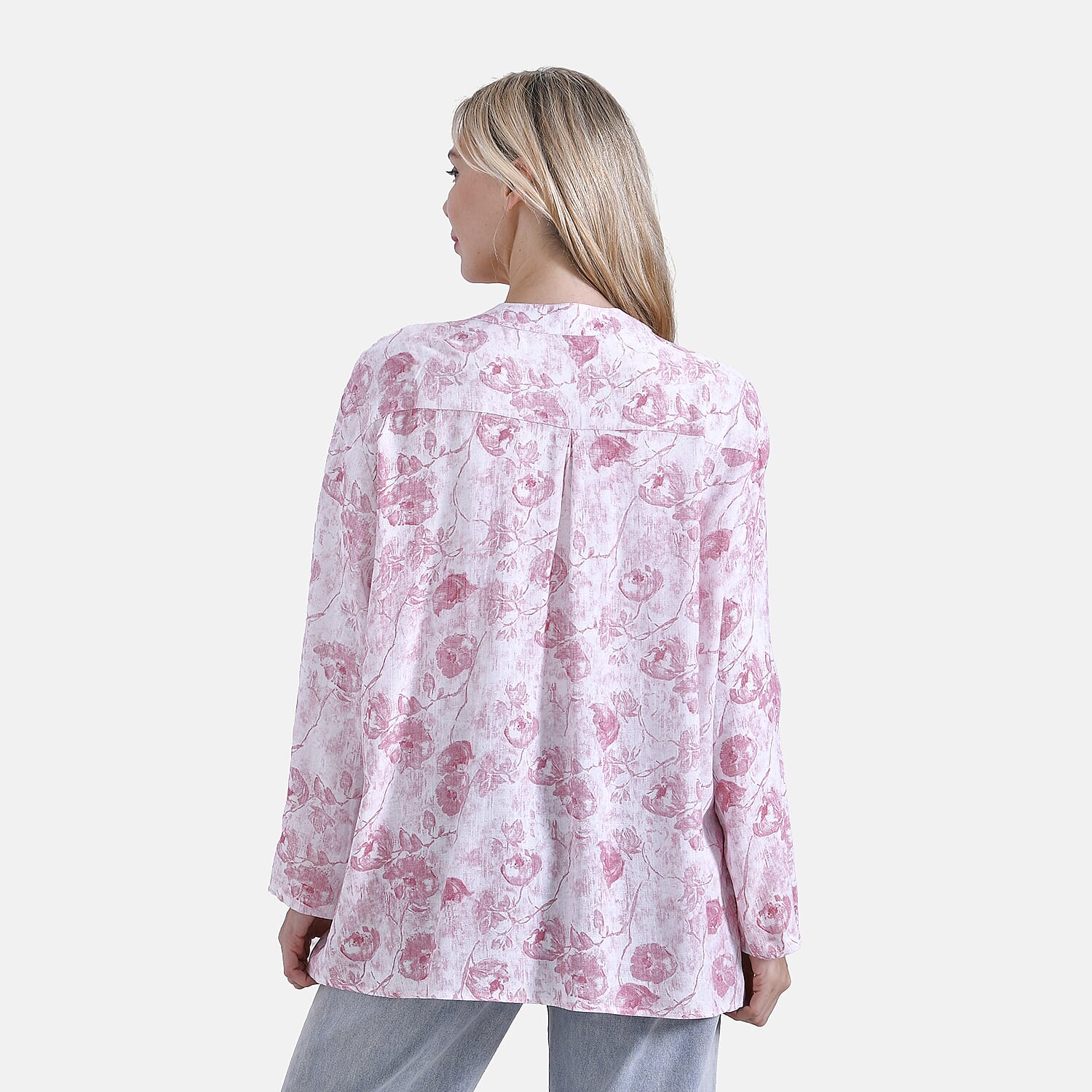 La Marey Elegant Rose Print V-Neck Long Sleeve Soft Top (Size - S) - Pink