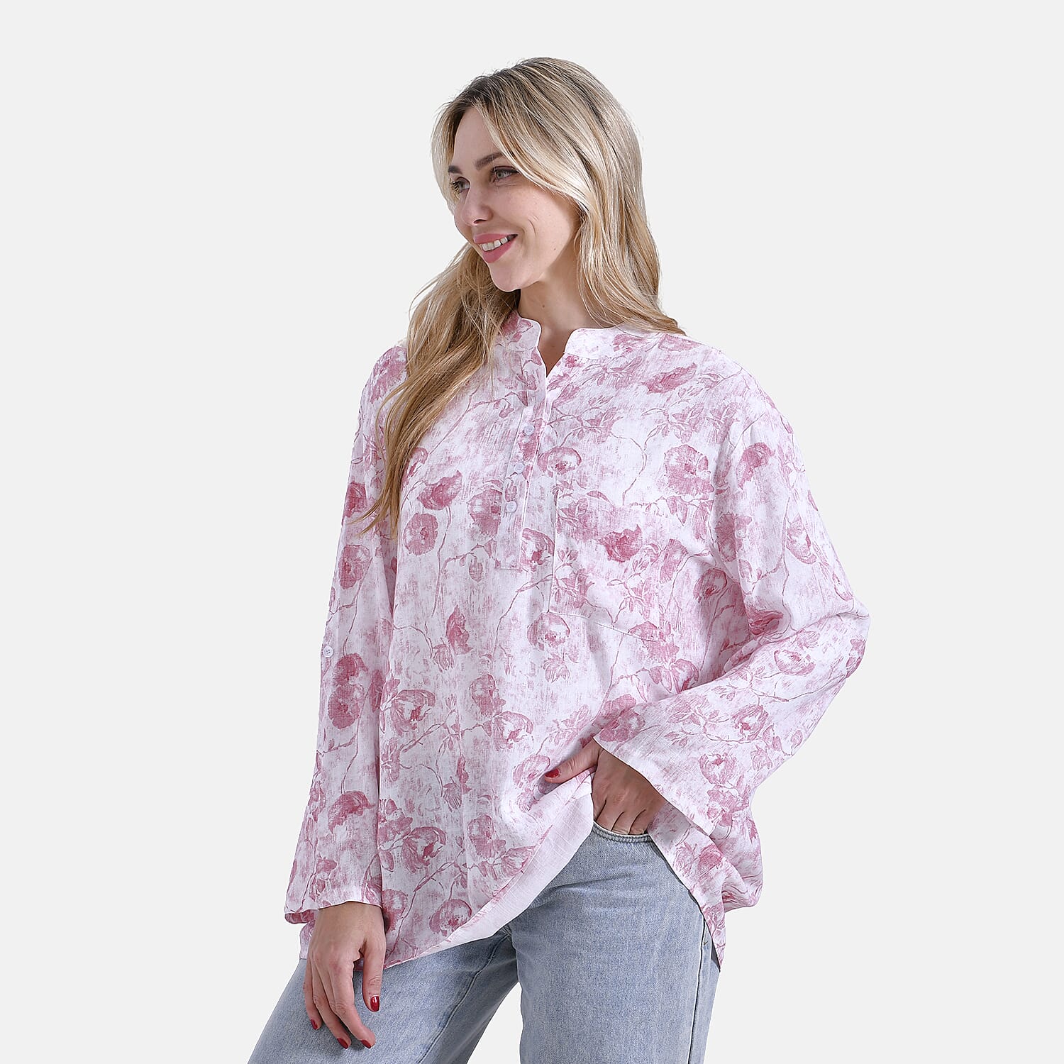La Marey Elegant Rose Print V-Neck Long Sleeve Soft Top (Size - S) - Pink