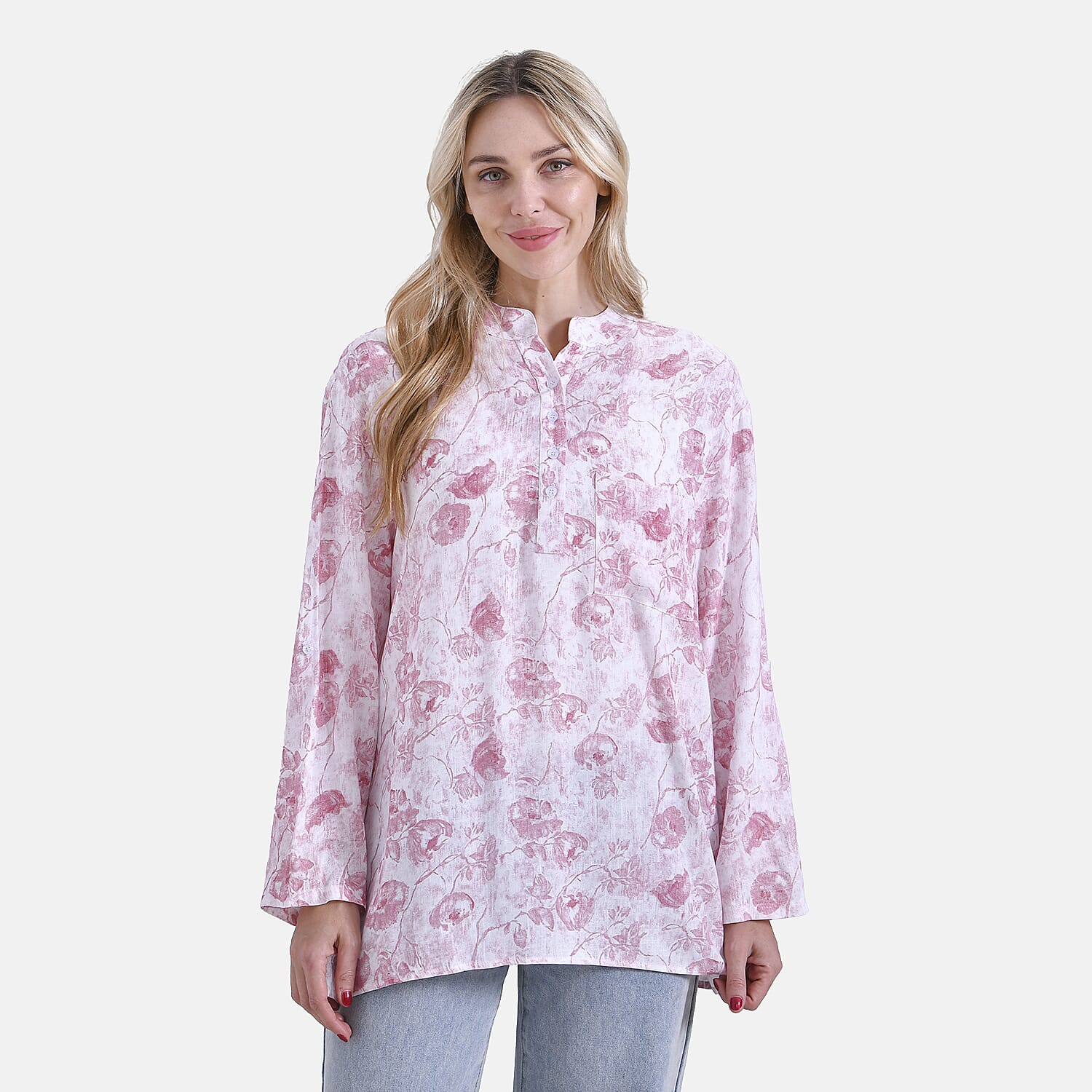 La Marey Elegant Rose Print V-Neck Long Sleeve Soft Top (Size - S) - Pink