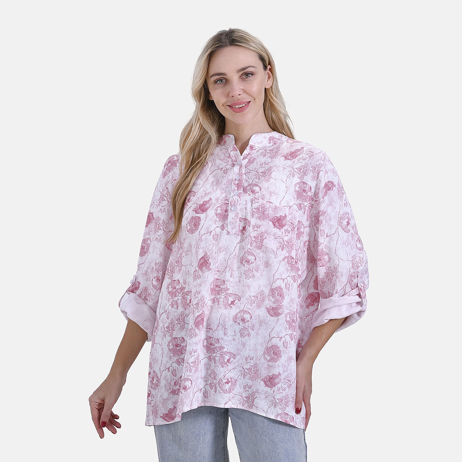 La Marey Elegant Rose Print V-Neck Long Sleeve Soft Top (Size - S) - Pink