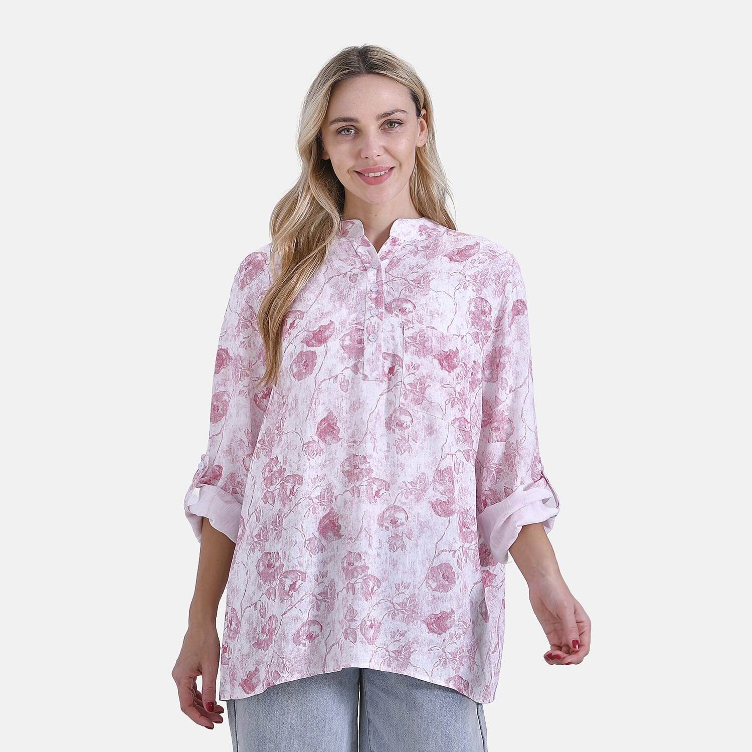 La Marey Elegant Rose Print V-Neck Long Sleeve Soft Top (Size - S) - Pink