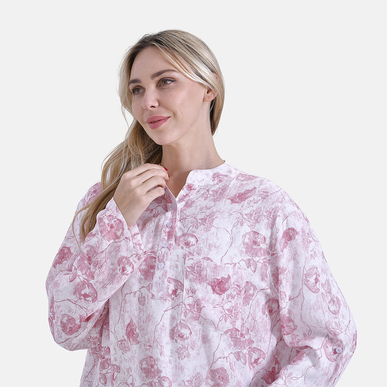 La Marey Elegant Rose Print V-Neck Long Sleeve Soft Top (Size - S) - Pink