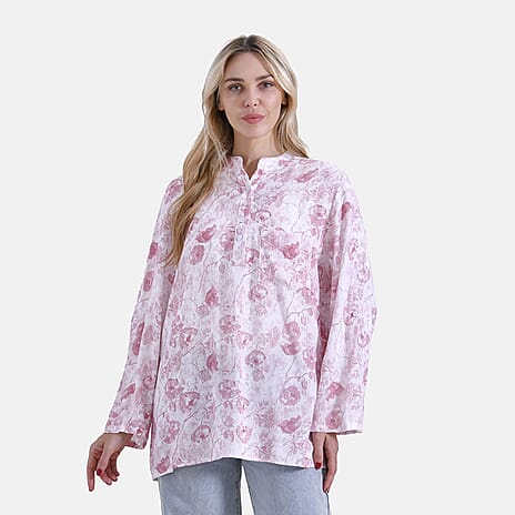 La Marey Elegant Rose Print V-Neck Long Sleeve Soft Top (Size - M) - Pink