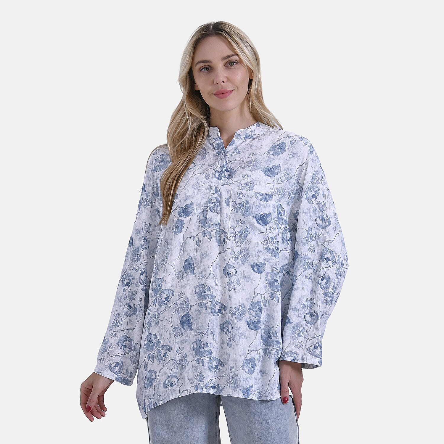 La Marey Elegant Rose Print V-Neck Long Sleeve Soft Top (Size - S) - Pink