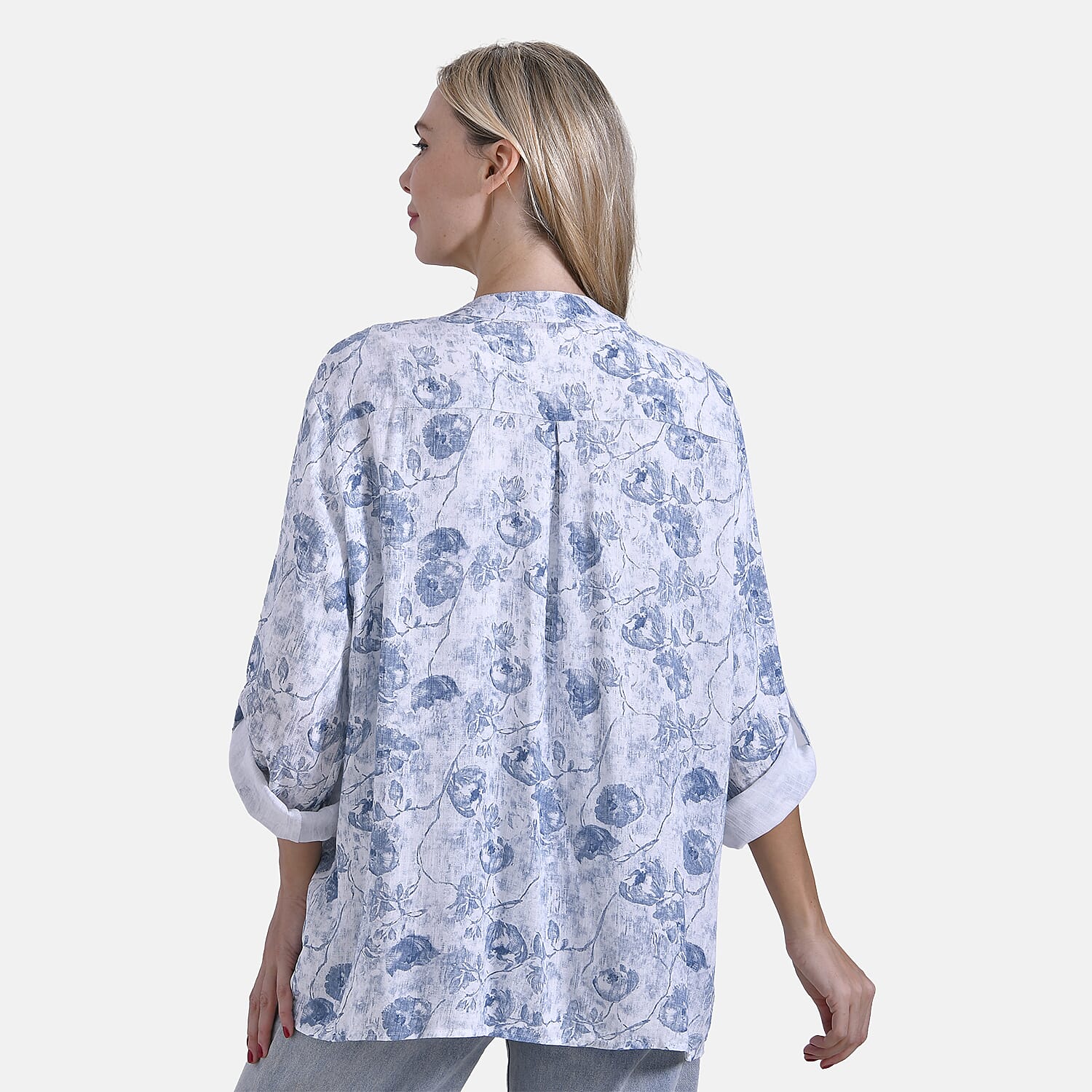 La Marey Elegant Rose Print V-Neck Long Sleeve Soft Top (Size - S) - Pink