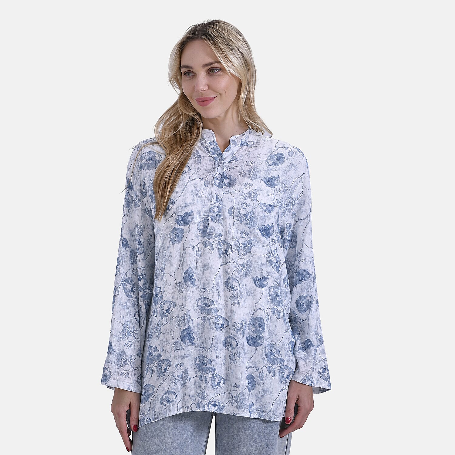 La Marey Elegant Rose Print V-Neck Long Sleeve Soft Top (Size - S) - Pink