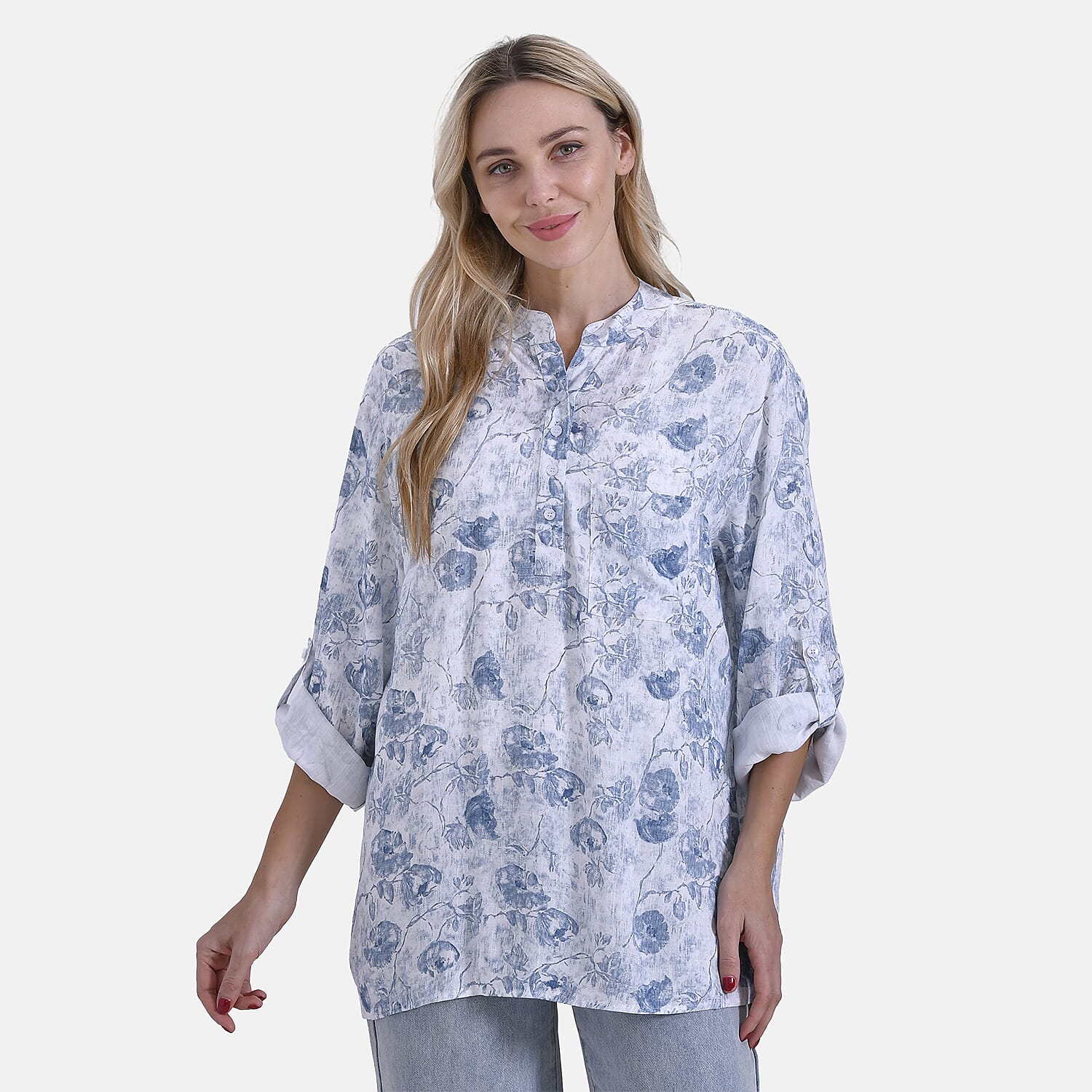 La Marey Elegant Rose Print V-Neck Long Sleeve Soft Top (Size - S) - Pink