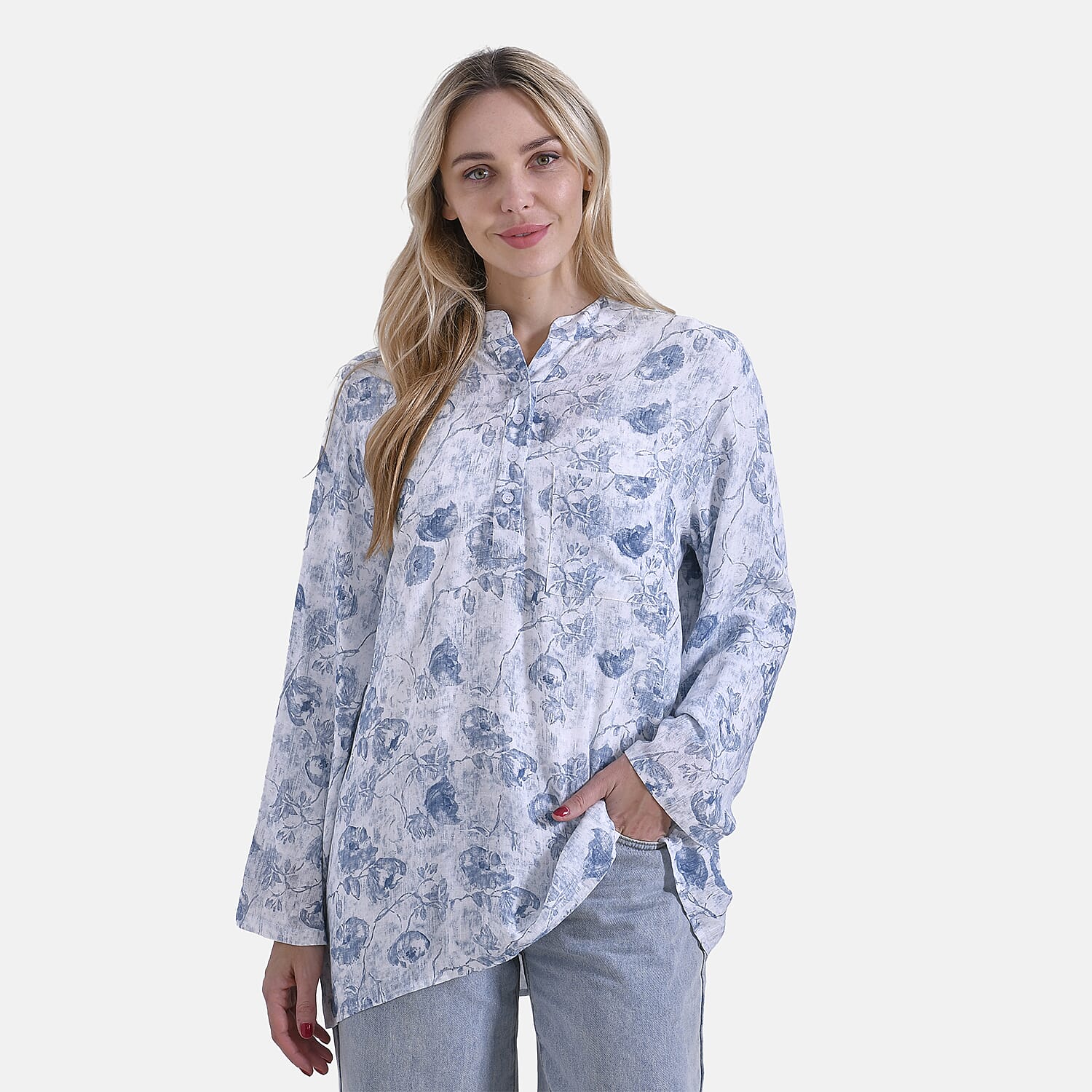 La Marey Elegant Rose Print V-Neck Long Sleeve Soft Top (Size - S) - Pink