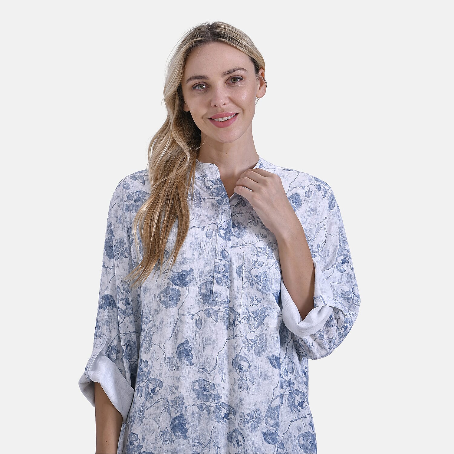 La Marey Elegant Rose Print V-Neck Long Sleeve Soft Top (Size - S) - Pink