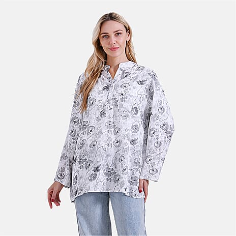 La Marey Elegant Rose Print V-Neck Long Sleeve Soft Top (Size - S) - Grey