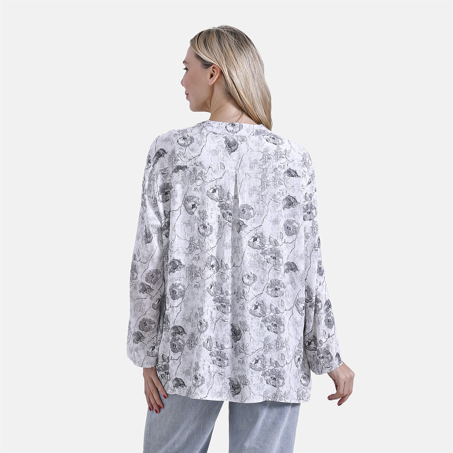 La Marey Elegant Rose Print V-Neck Long Sleeve Soft Top (Size - S) - Pink