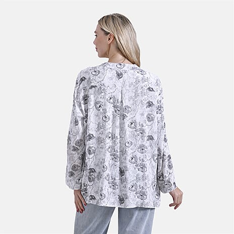 La Marey Elegant Rose Print V-Neck Long Sleeve Soft Top (Size - S) - Grey