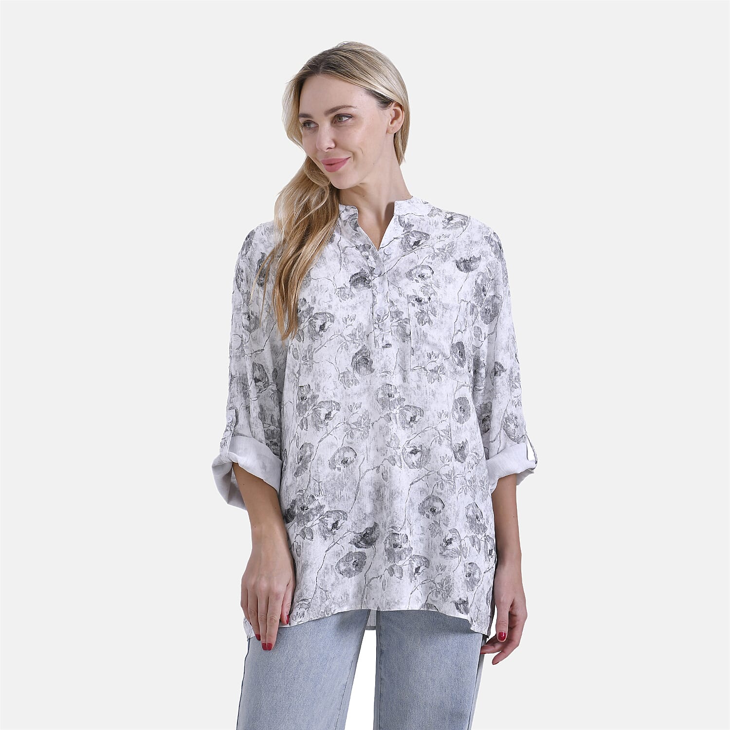 La Marey Elegant Rose Print V-Neck Long Sleeve Soft Top (Size - S) - Pink